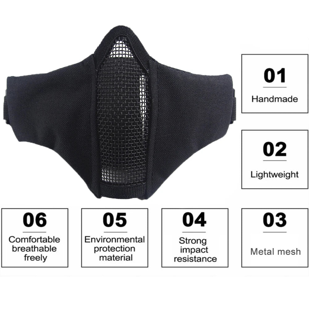 Máscara Meia Face Tática Dobrável em Malha de Aço – Respirável e Ajustável para Airsoft e CQB