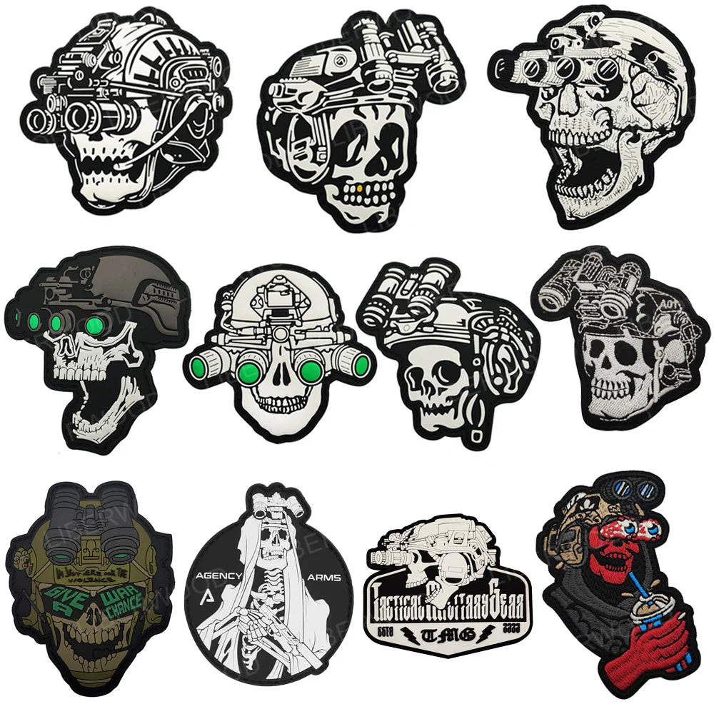 Patch Tático Caveira Night Vision 3D em PVC – Glow Luminous com Velcro para Capacete, Colete e Mochila